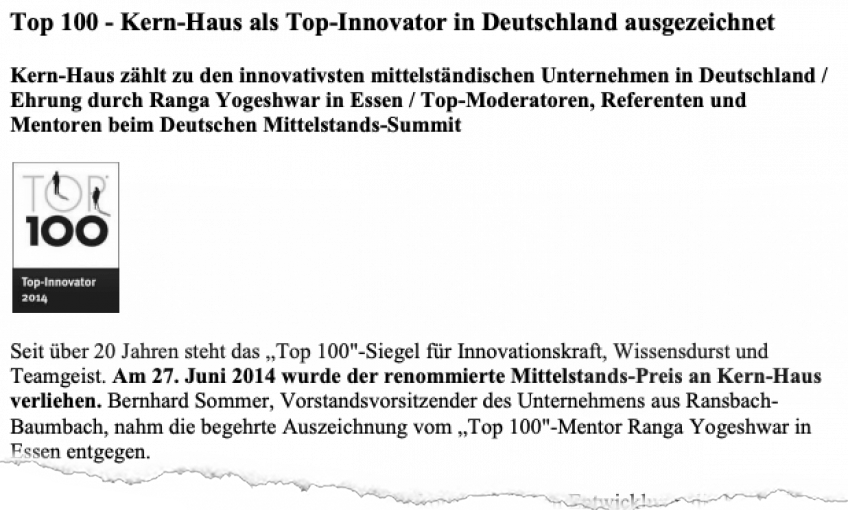 Top 100 - Kern-Haus als Top-Innovator in Deutschland ausgezeichnet.